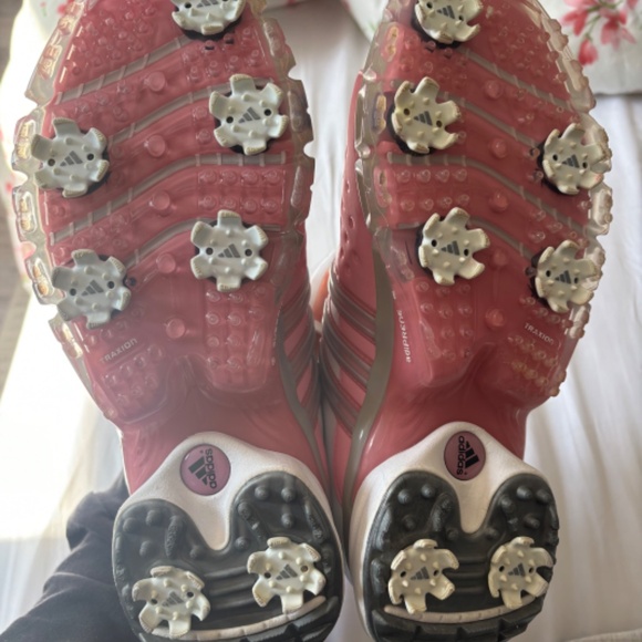 White and pink women’s adidas golf shoes - Picture 2 of 6